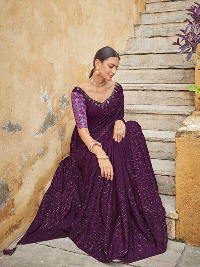 Phenomenal Dark Purple Fully Sequins Embroidered Party Wear Saree